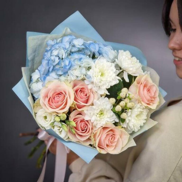 Blue Hydrangea Pink Roses And White Chrysanthemum Bouquet-A716 - Image 1