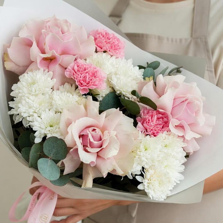 Blush Roses Pink Carnations And White Chrysanthemum Bouquet-A682 - Image 4