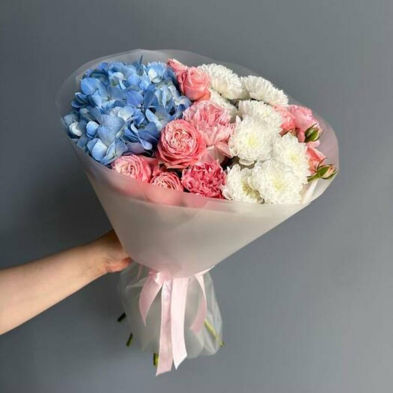 Blue Hydrangea Pink Peony Roses And White Chrysanthemum Bouq-A731 - Image 1