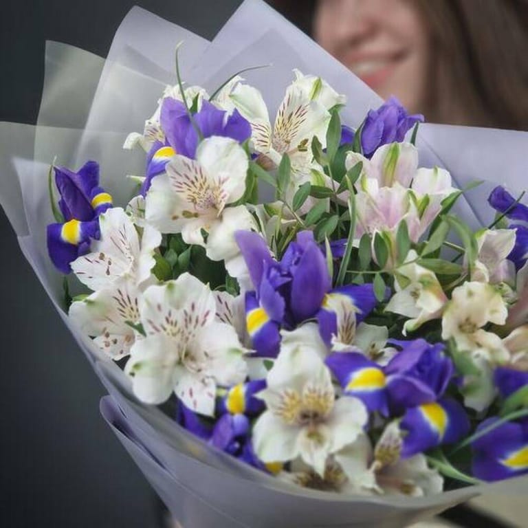 Blue Iris And White Alstroemeria Bouquet-A685 - Image 4