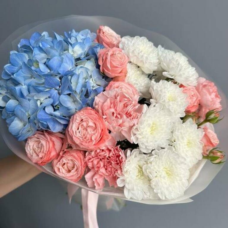 Blue Hydrangea Pink Peony Roses And White Chrysanthemum Bouq-A731 - Image 2