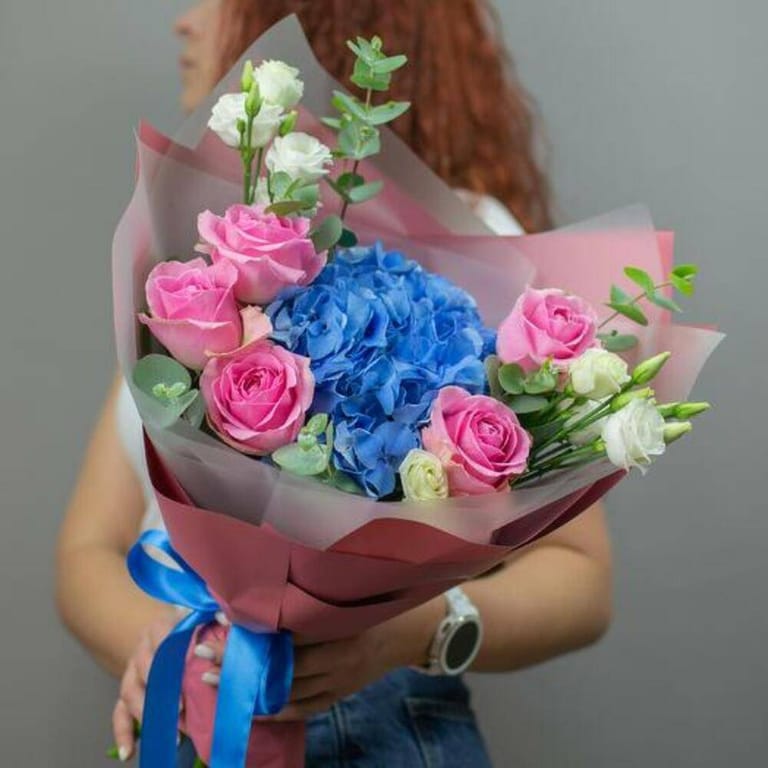 Blue Hydrangea Pink Roses And White Lisianthus Bouquet-A686 - Image 5
