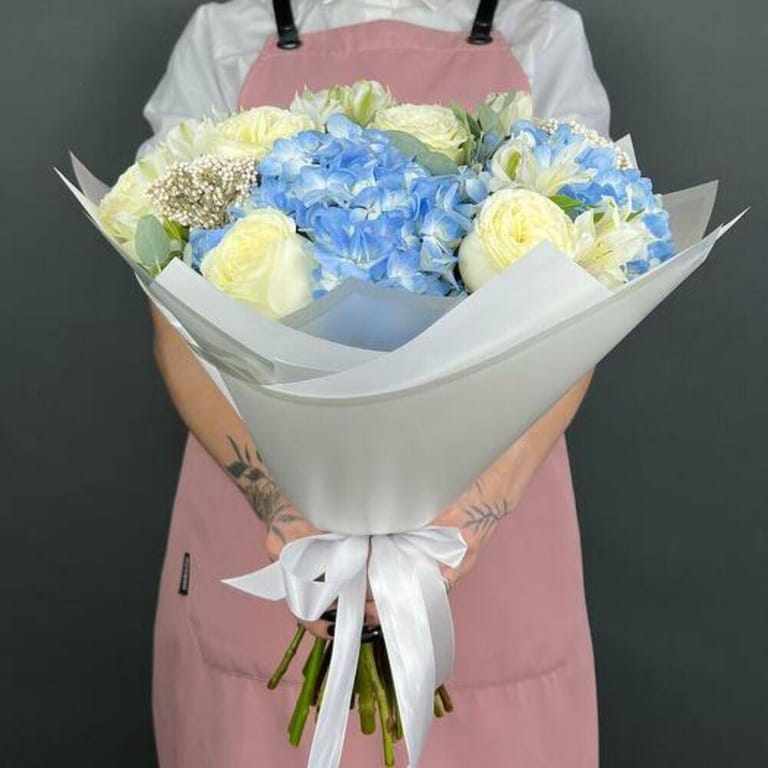 Blue Hydrangea White Roses And Alstromeria Luxury Bouquet-A715 - Image 3