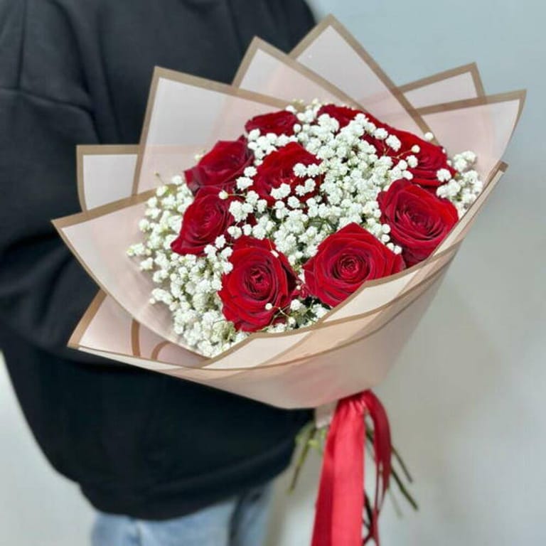 9 Red Roses And Gypsophila Romantic Bouque-A711 - Image 4