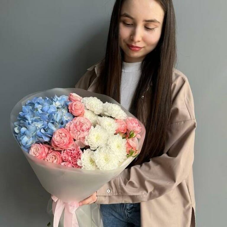 Blue Hydrangea Pink Peony Roses And White Chrysanthemum Bouq-A731 - Image 3