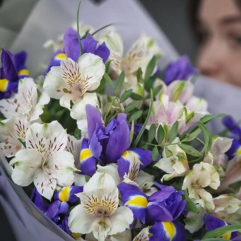 Blue Iris And White Alstroemeria Bouquet-A685 - Image 6