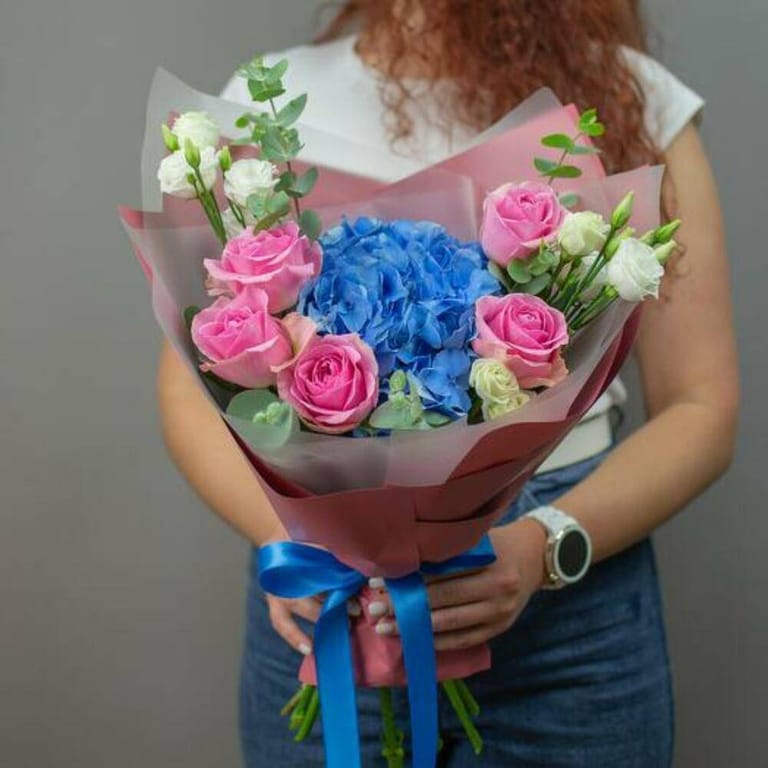 Blue Hydrangea Pink Roses And White Lisianthus Bouquet-A686 - Image 6