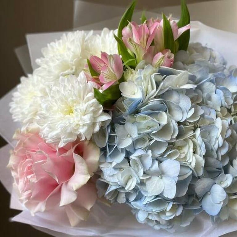 Blue Hydrangea And White Chrysanthemum Bouquet-A689 - Image 6