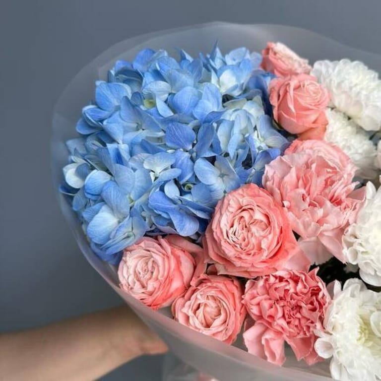 Blue Hydrangea Pink Peony Roses And White Chrysanthemum Bouq-A731 - Image 4