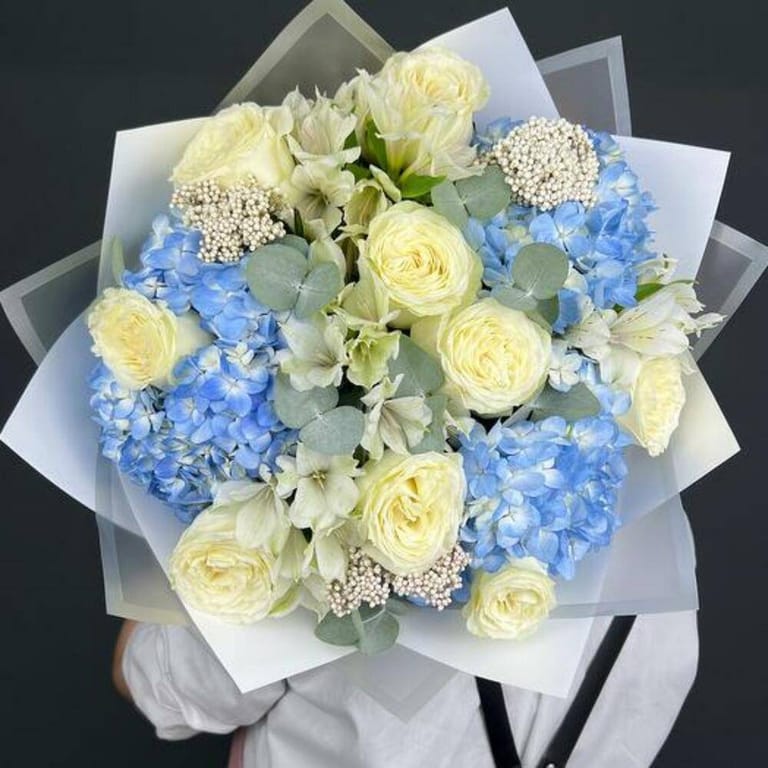 Blue Hydrangea White Roses And Alstromeria Luxury Bouquet-A715 - Image 5