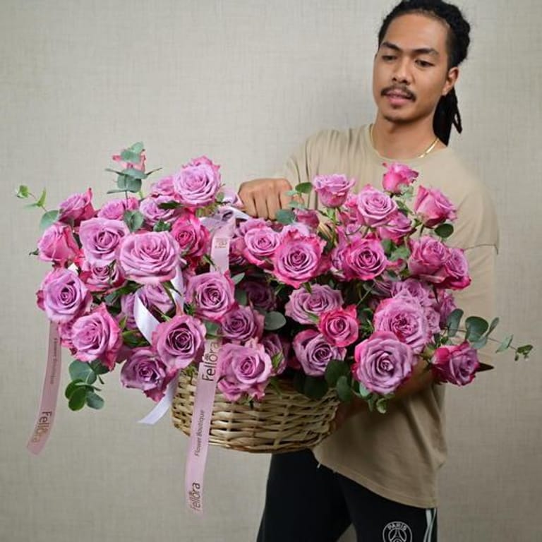 101 Purple Roses And Eucalyptus Luxury Basket-A778 - Image 1