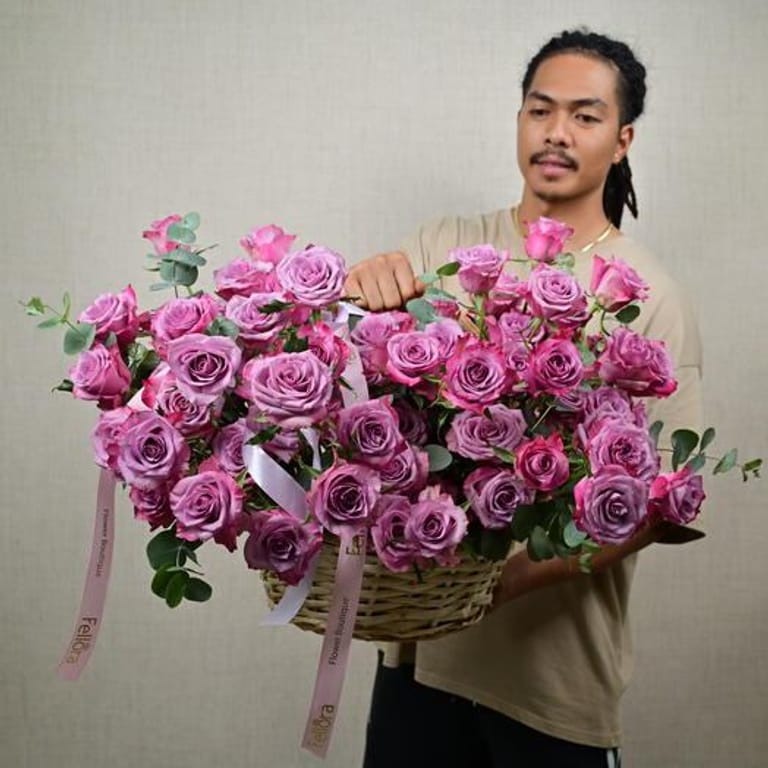 101 Purple Roses And Eucalyptus Luxury Basket-A778 - Image 3
