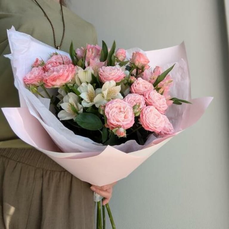 Bombastic Pink Spray Roses And White Alstroemeria Bouquet-A810 - Image 1
