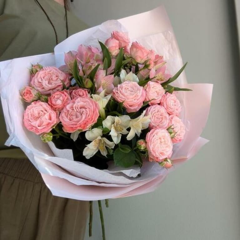 Bombastic Pink Spray Roses And White Alstroemeria Bouquet-A810 - Image 2