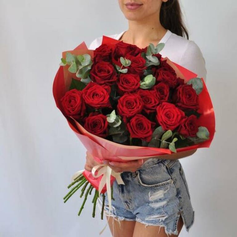 21 Red Roses And Eucalyptus Luxury Bouquet-A799 - Image 4