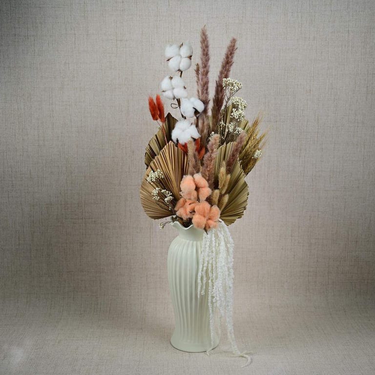 Boho Dried Flowers And Cotton Vase Arrangement-A978 - Image 1