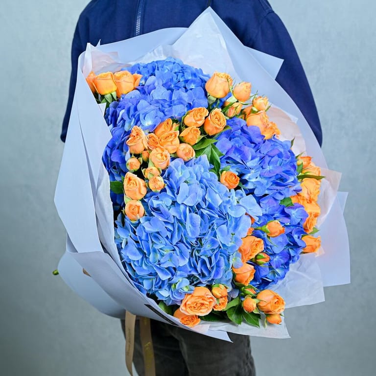 Blue Hydrangea And Orange Spray Roses Luxury Bouquet-A1001 - Image 1