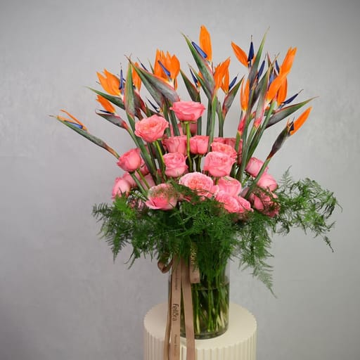 Bird Of Paradise And Pink Roses Luxury Vase Arrangement-A1175