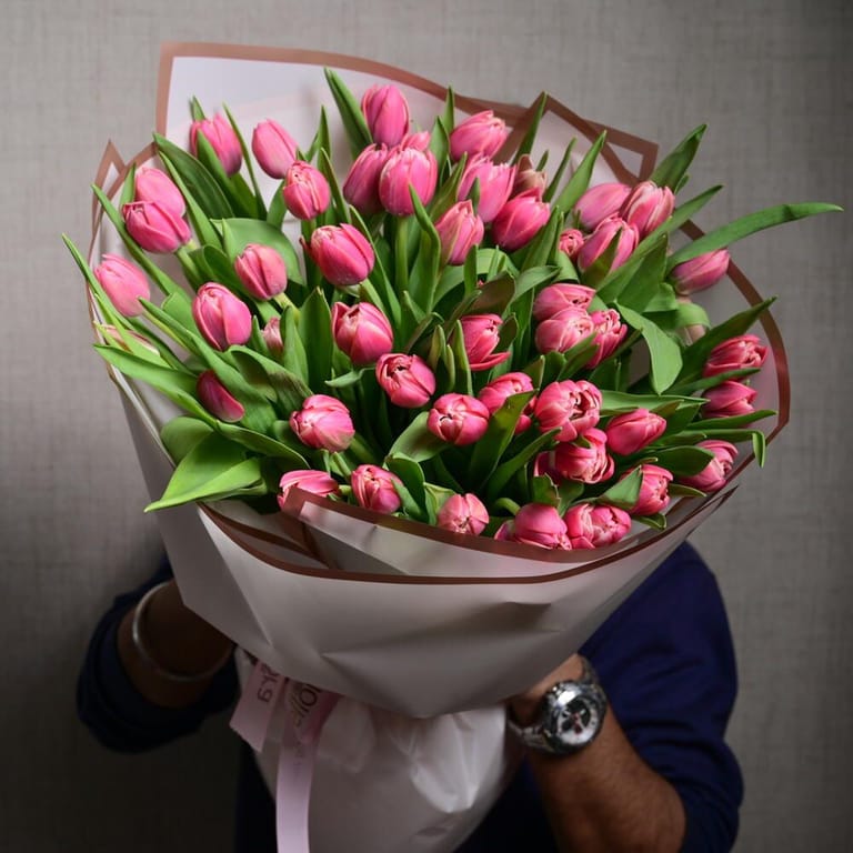 51 Dark Pink Double Petal Tulips Bouquet-A1120 - Image 5