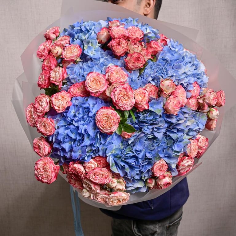 Blue Hydrangea And Pink Garden Spray Roses Luxury Bouquet-A1206 - Image 1
