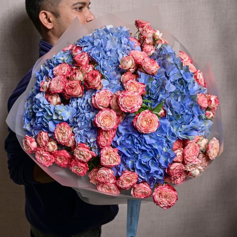Blue Hydrangea And Pink Garden Spray Roses Luxury Bouquet-A1206 - Image 3