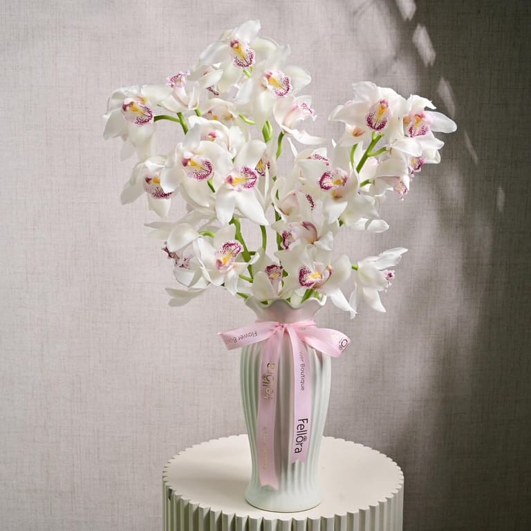 5 Stems White Cymbidium Orchids In Glass Vase-A1220 - Image 1