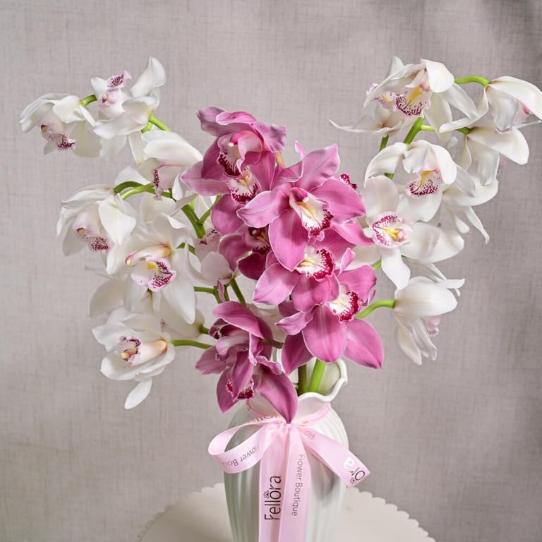 3 Stems Pink And White Cymbidium Orchids In Glass Vase-A1213 - Image 2