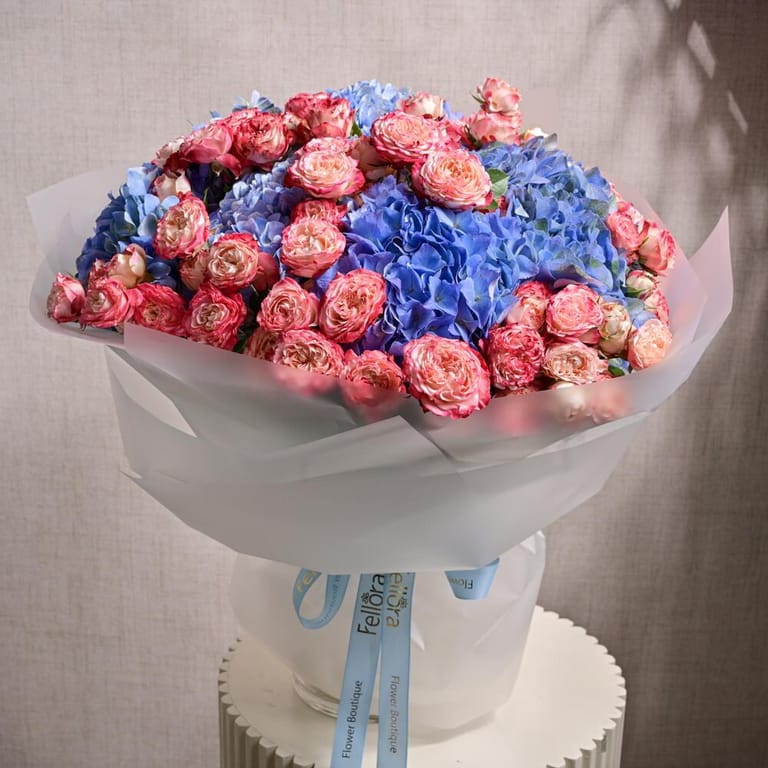 Blue Hydrangea And Pink Garden Spray Roses Luxury Bouquet-A1206 - Image 4