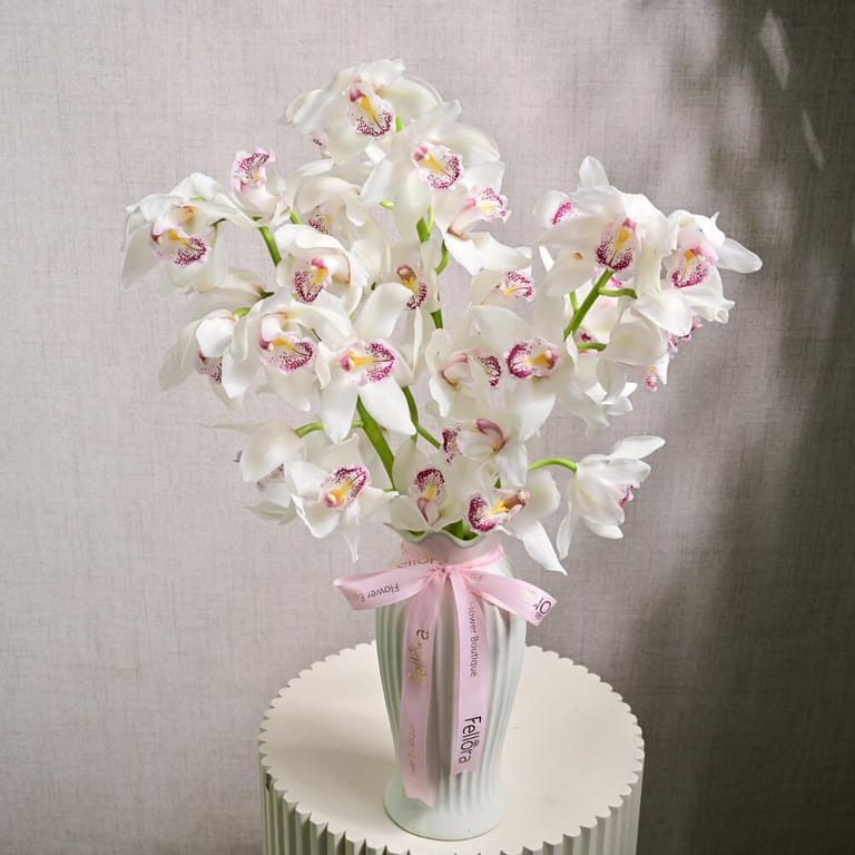 5 Stems White Cymbidium Orchids In Glass Vase-A1220 - Image 2