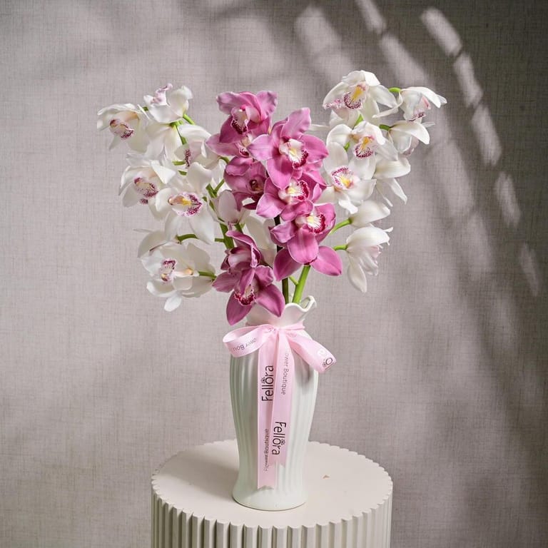 3 Stems Pink And White Cymbidium Orchids In Glass Vase-A1213 - Image 3