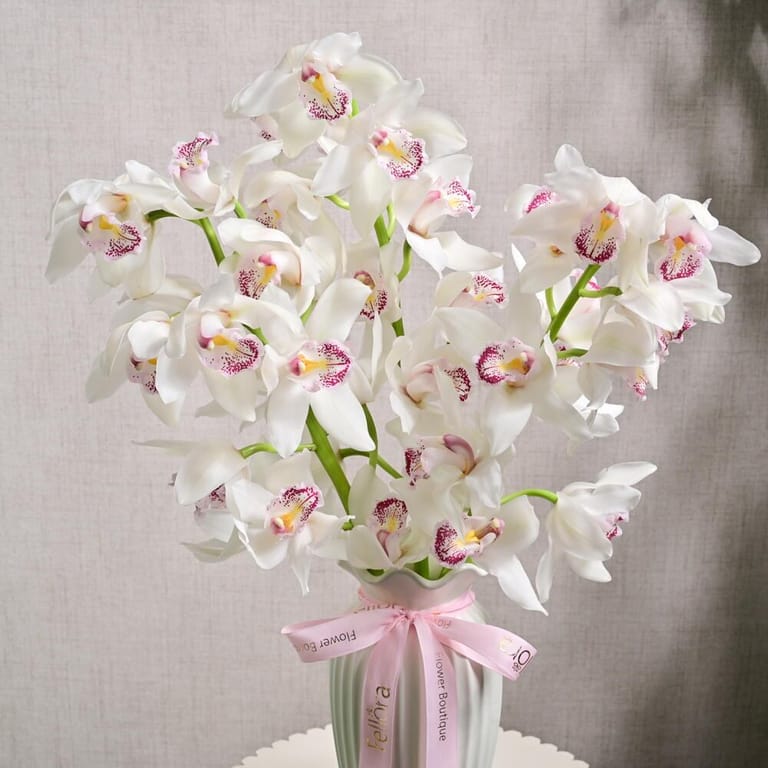 5 Stems White Cymbidium Orchids In Glass Vase-A1220 - Image 3
