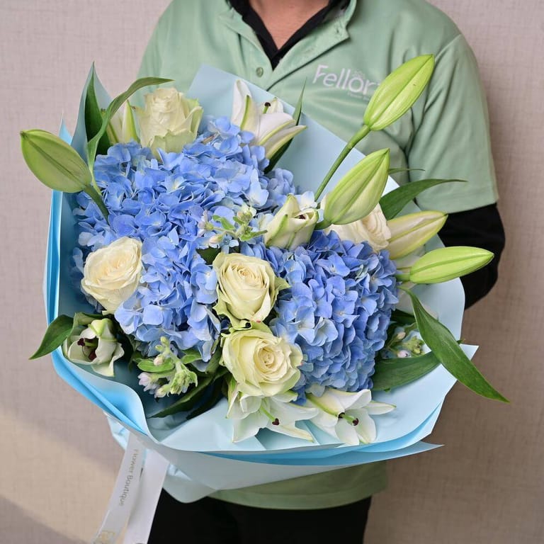 Blue Hydrangea White Roses And Lilies Bouquet-A1308 - Image 1