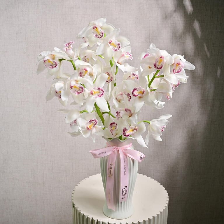 5 Stems White Cymbidium Orchids In Glass Vase-A1220 - Image 4