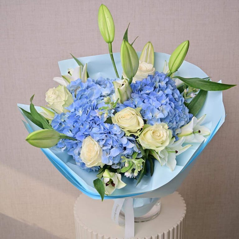 Blue Hydrangea White Roses And Lilies Bouquet-A1308 - Image 2