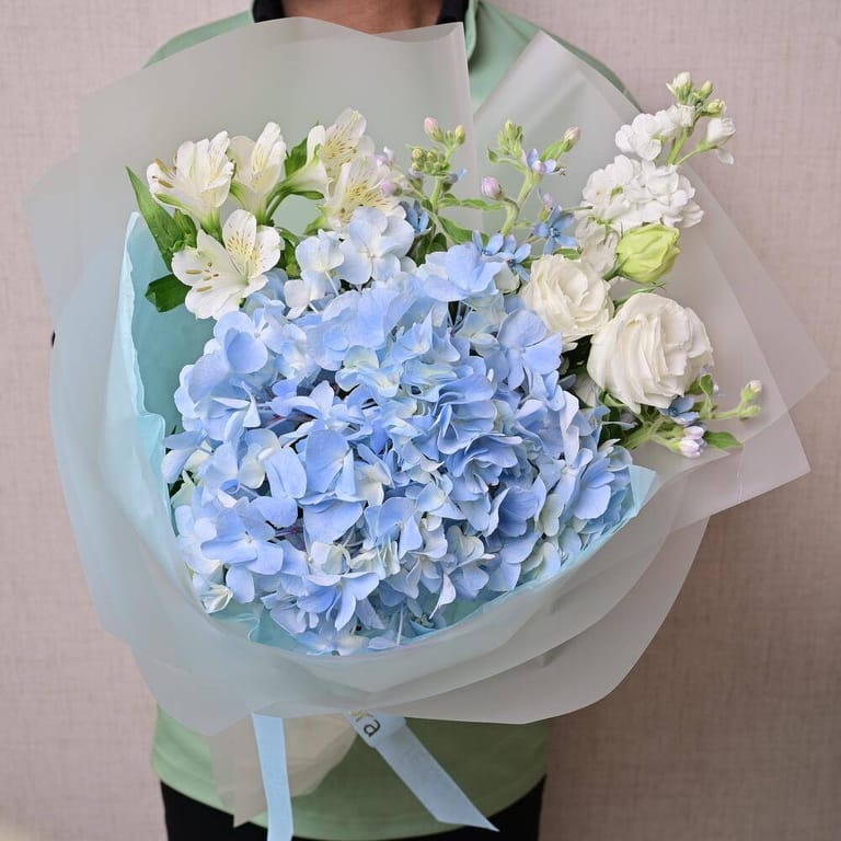 Blue Hydrangea White Roses Alstroemeria And Matthiola Bouqu-A1316 - Image 1