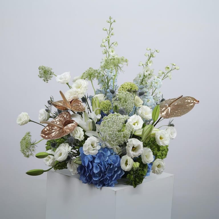 Blue Hydrangea Lisianthus And Delphinium Luxury Floral Cent-A1414 - Image 1