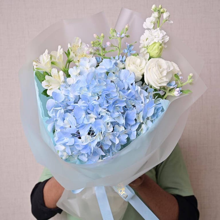 Blue Hydrangea White Roses Alstroemeria And Matthiola Bouqu-A1316 - Image 3