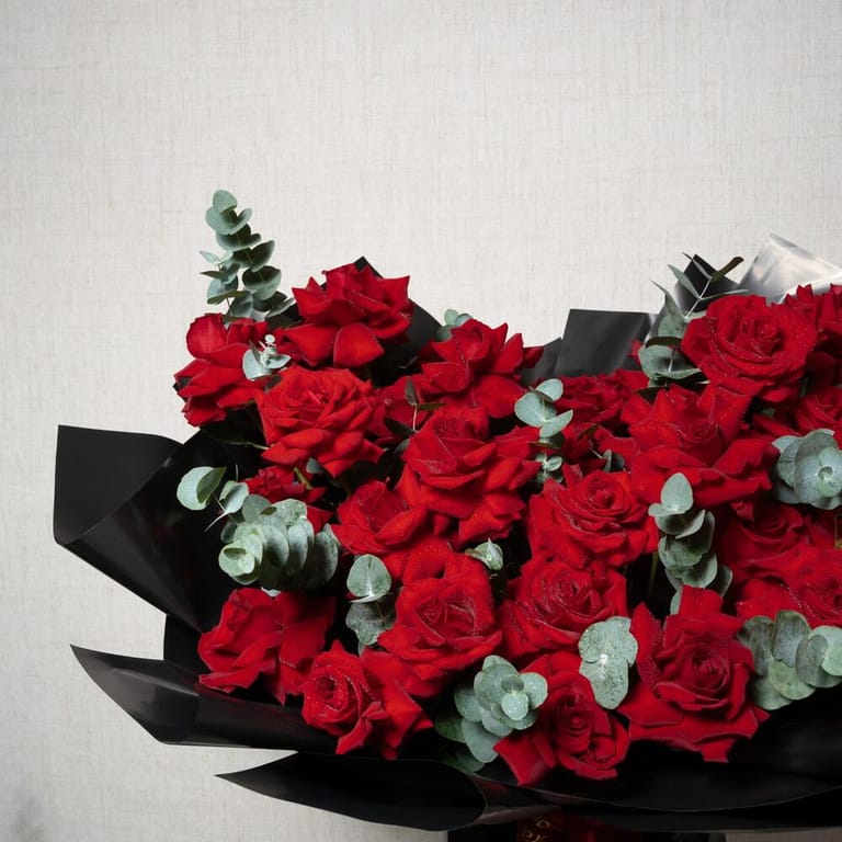 51 Red French Roses And Eucalyptus Bouquet-A1434 - Image 3