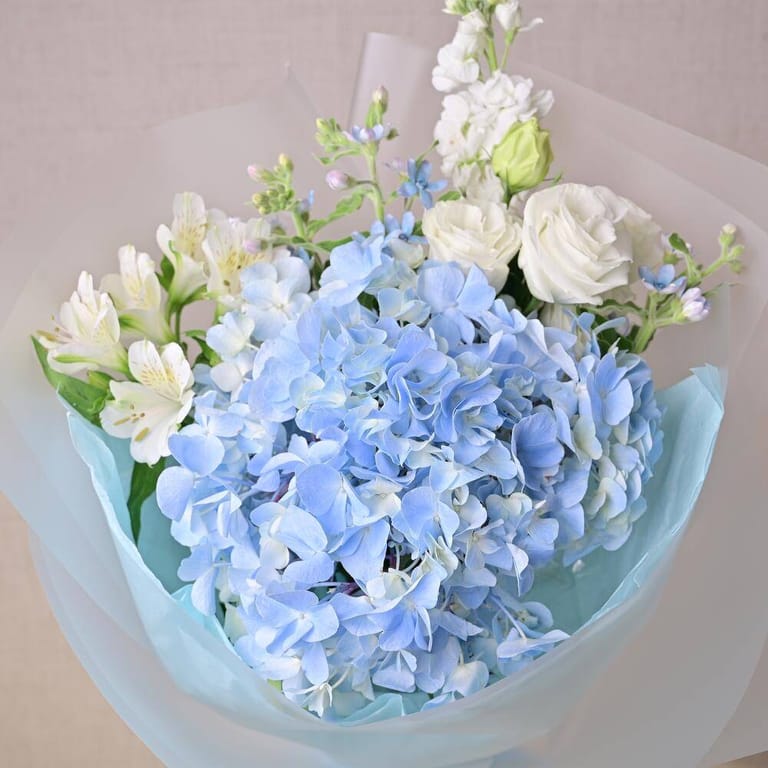 Blue Hydrangea White Roses Alstroemeria And Matthiola Bouqu-A1316 - Image 5