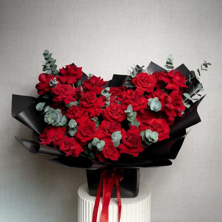 51 Red French Roses And Eucalyptus Bouquet-A1434 - Image 1