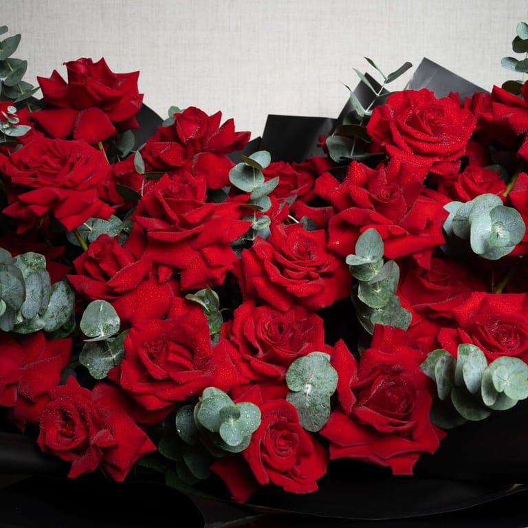 51 Red French Roses And Eucalyptus Bouquet-A1434 - Image 5