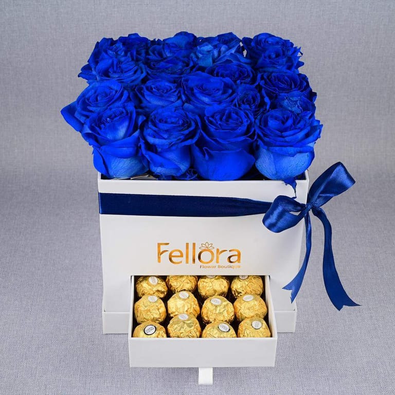 Blue Roses And Ferrero Rocher Chocolate Combo Box-C31 - Image 1