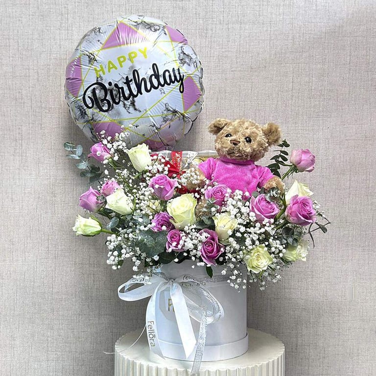 Birthday Roses Teddy Bear Ferrero Rocher And Helium Balloon L-C62 - Image 1