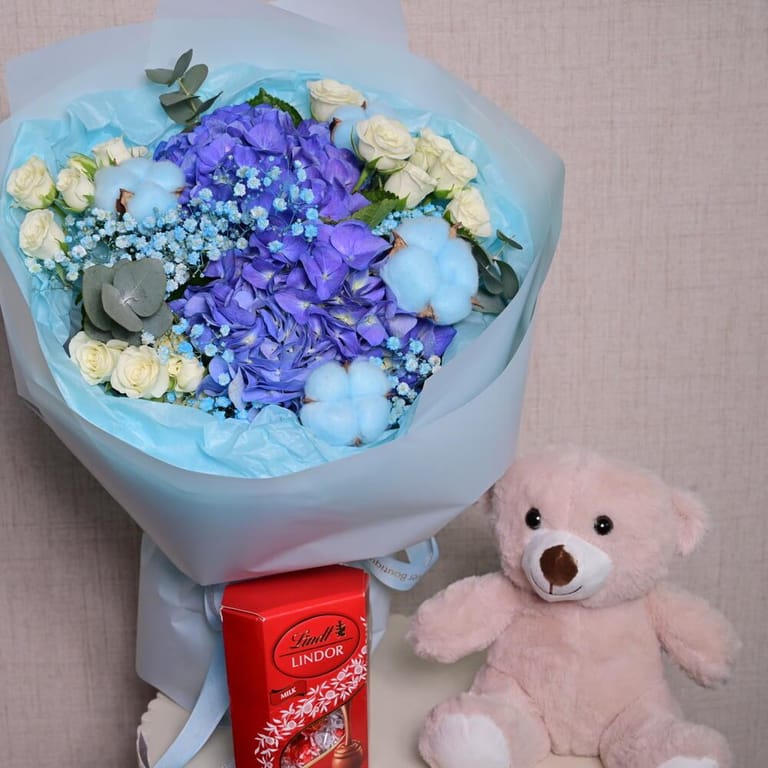 Blue Flowers Teddy Bear And Lindt Chocolates Gift Combo-C84 - Image 2