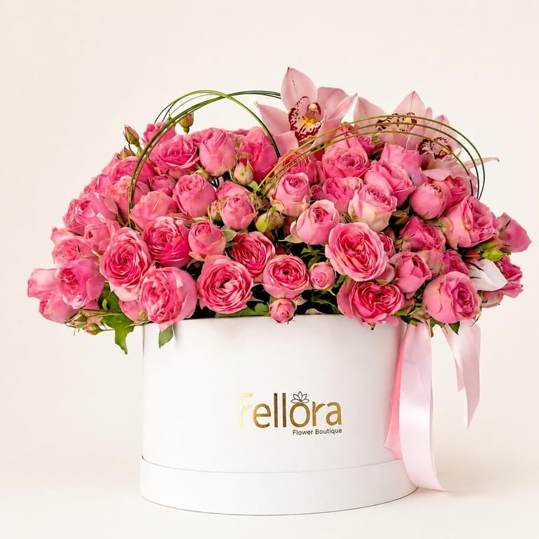 Luxury Pink Spray Roses And Cymbidium Orchid Flower Box-A1 - Image 1
