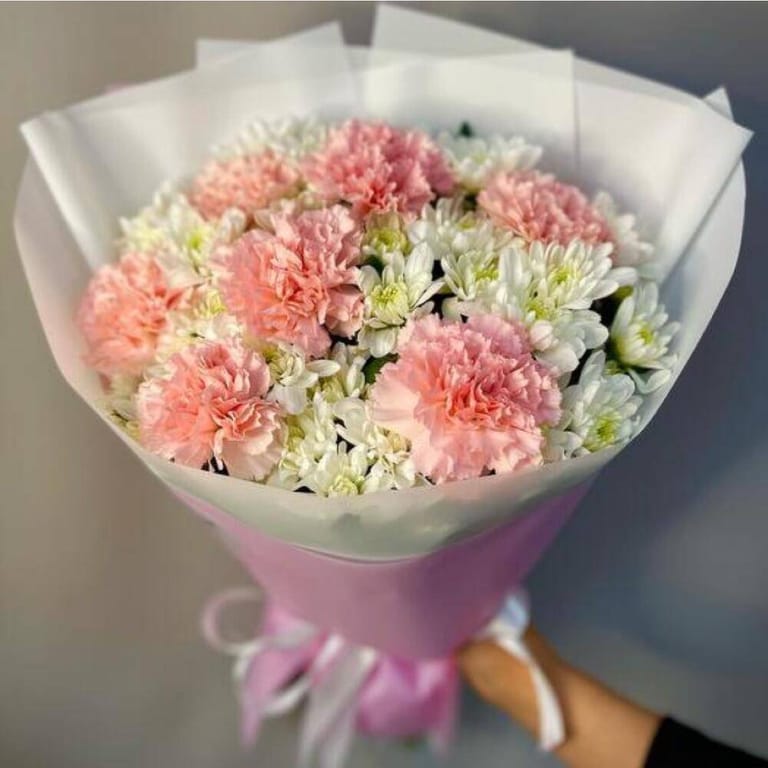 Pink Carnation White Daisy Bouquet-A133 - Image 1