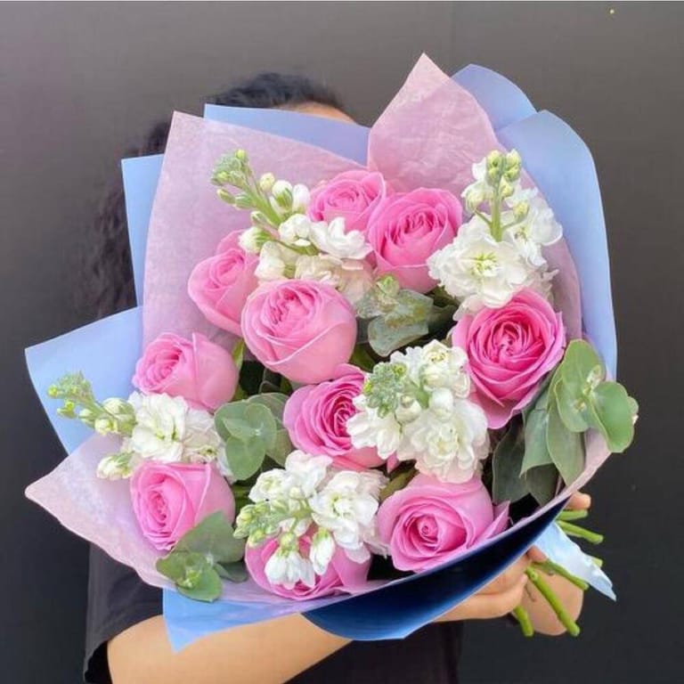 Pink Rose And White Matthiola Bouquet-A156 - Image 1