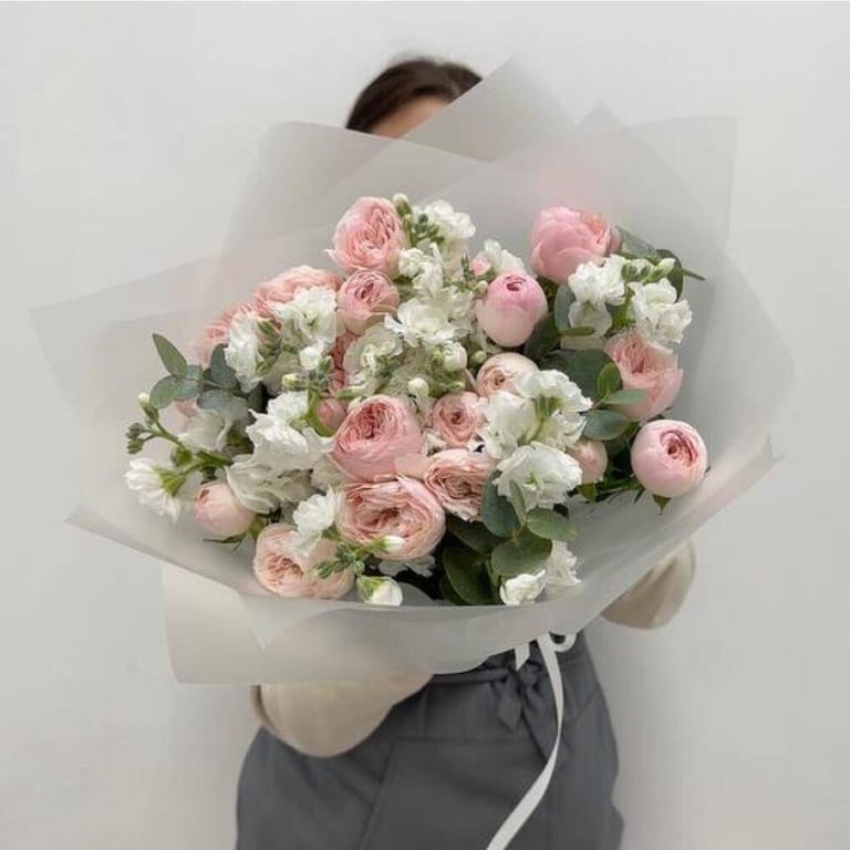 Pink Peony Rose And White Matthiola Bouquet-A162 - Image 1