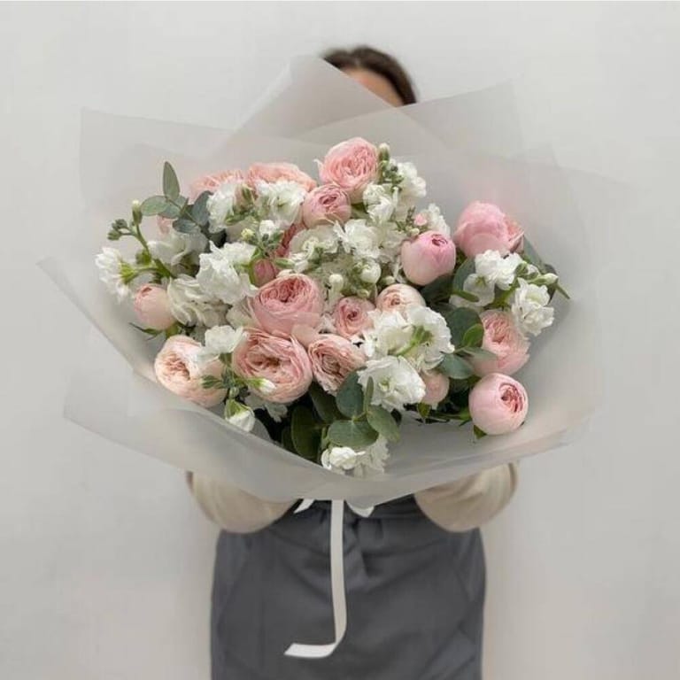 Pink Peony Rose And White Matthiola Bouquet-A162 - Image 2