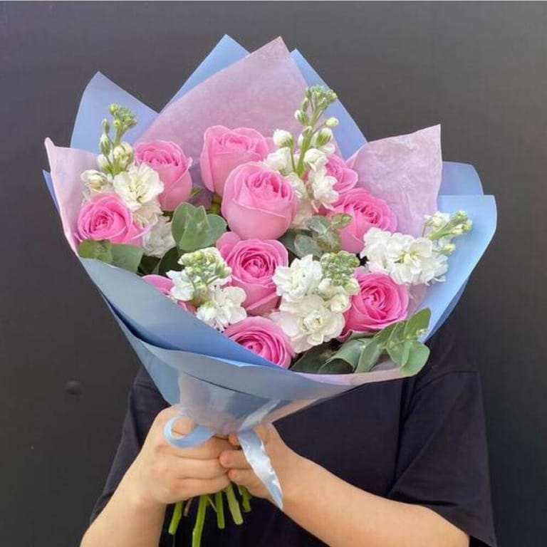 Pink Rose And White Matthiola Bouquet-A156 - Image 3